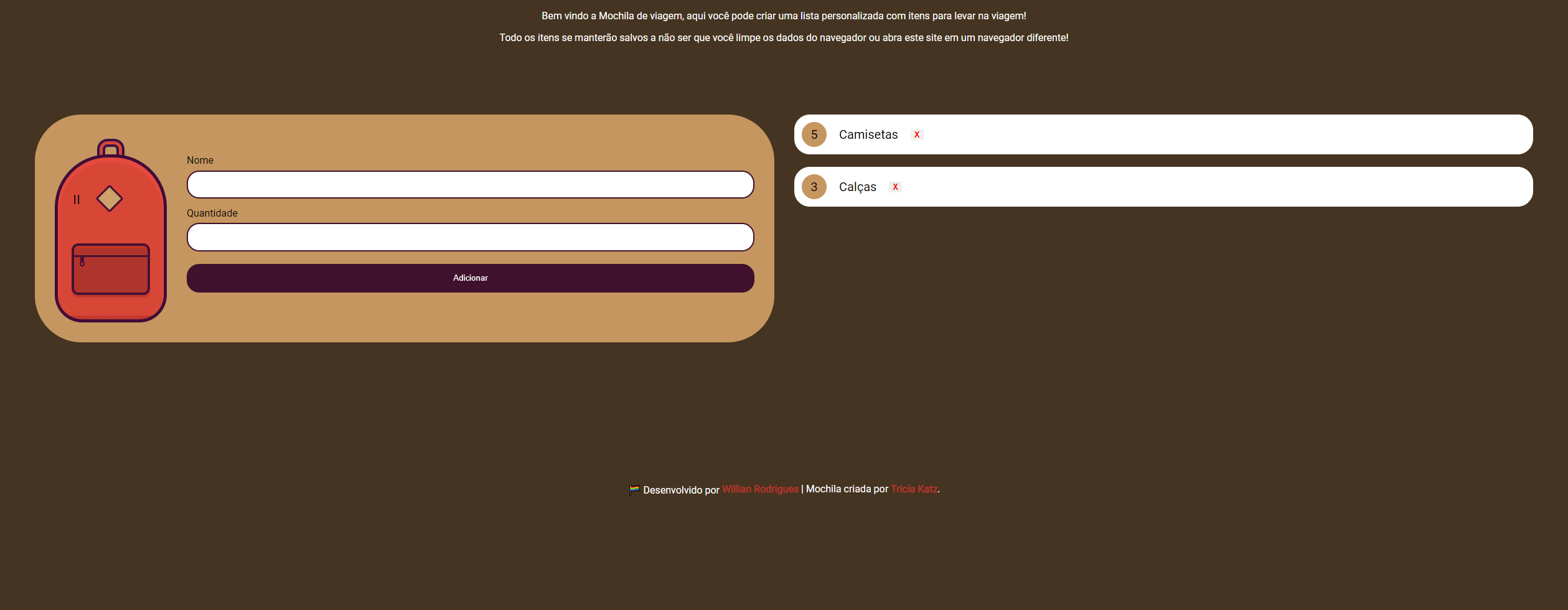 projeto do site Mochila de viagem